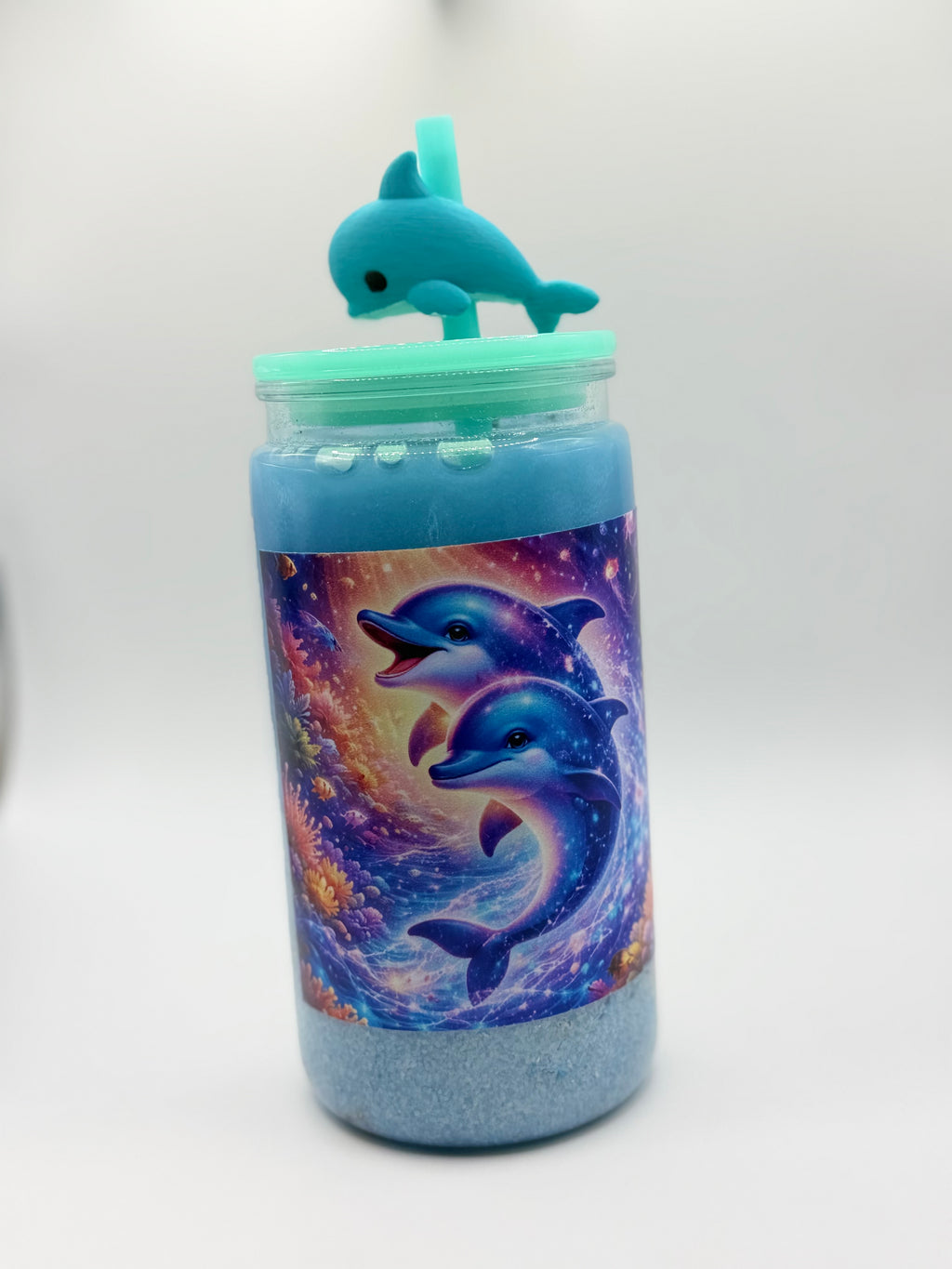 16 oz Dolphin Beach snow globe cup with Dolphin straw topper
