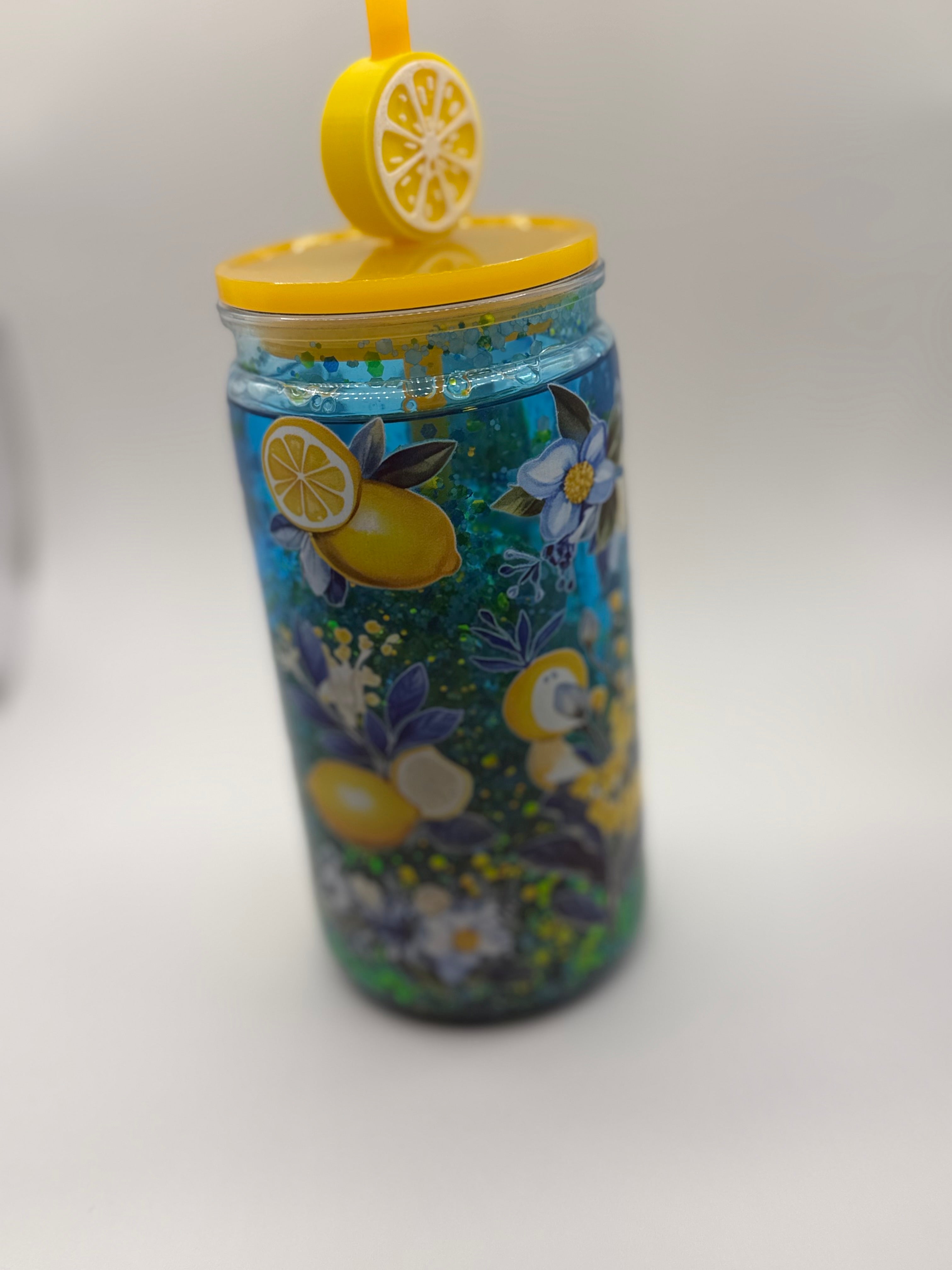 16 oz Blue and Yellow flowers snow globe cup with Lemon straw topper