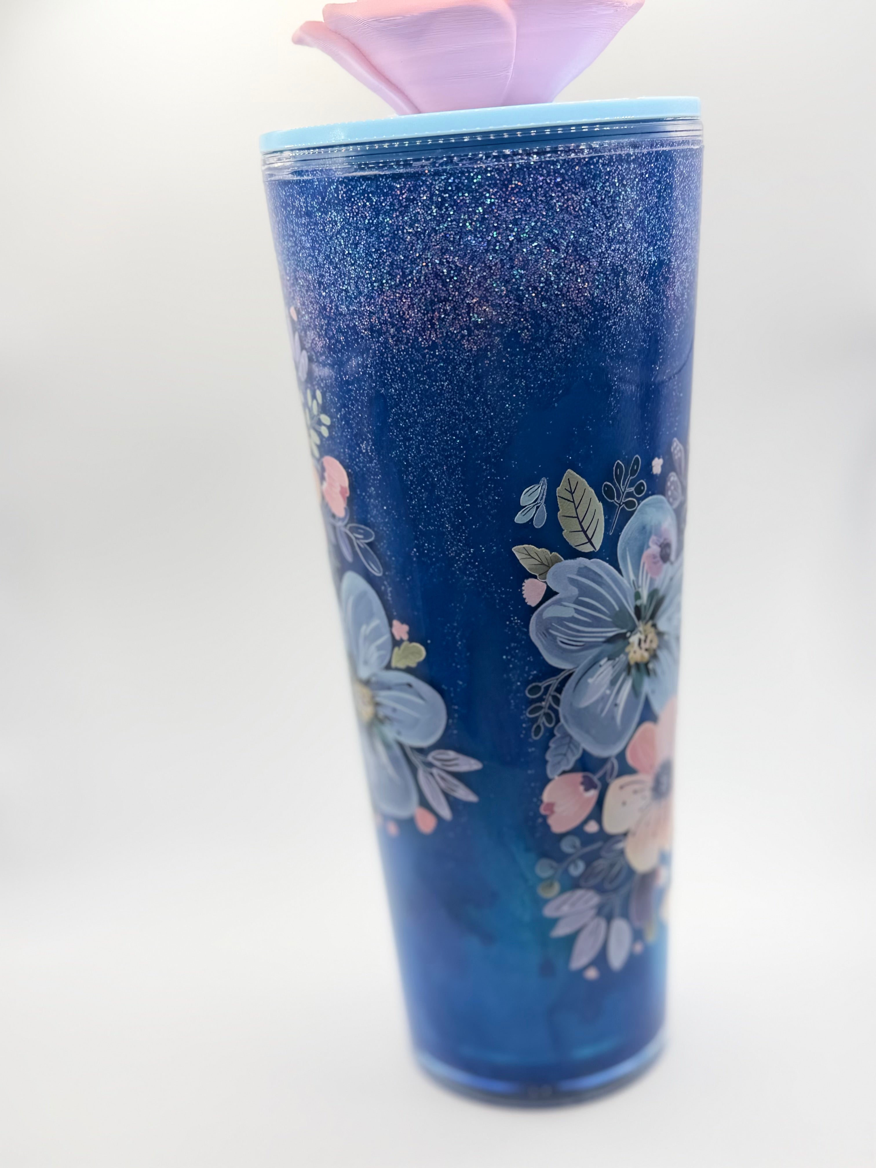 24 oz lava pink and blue flowers snow globe cup with straw topper
