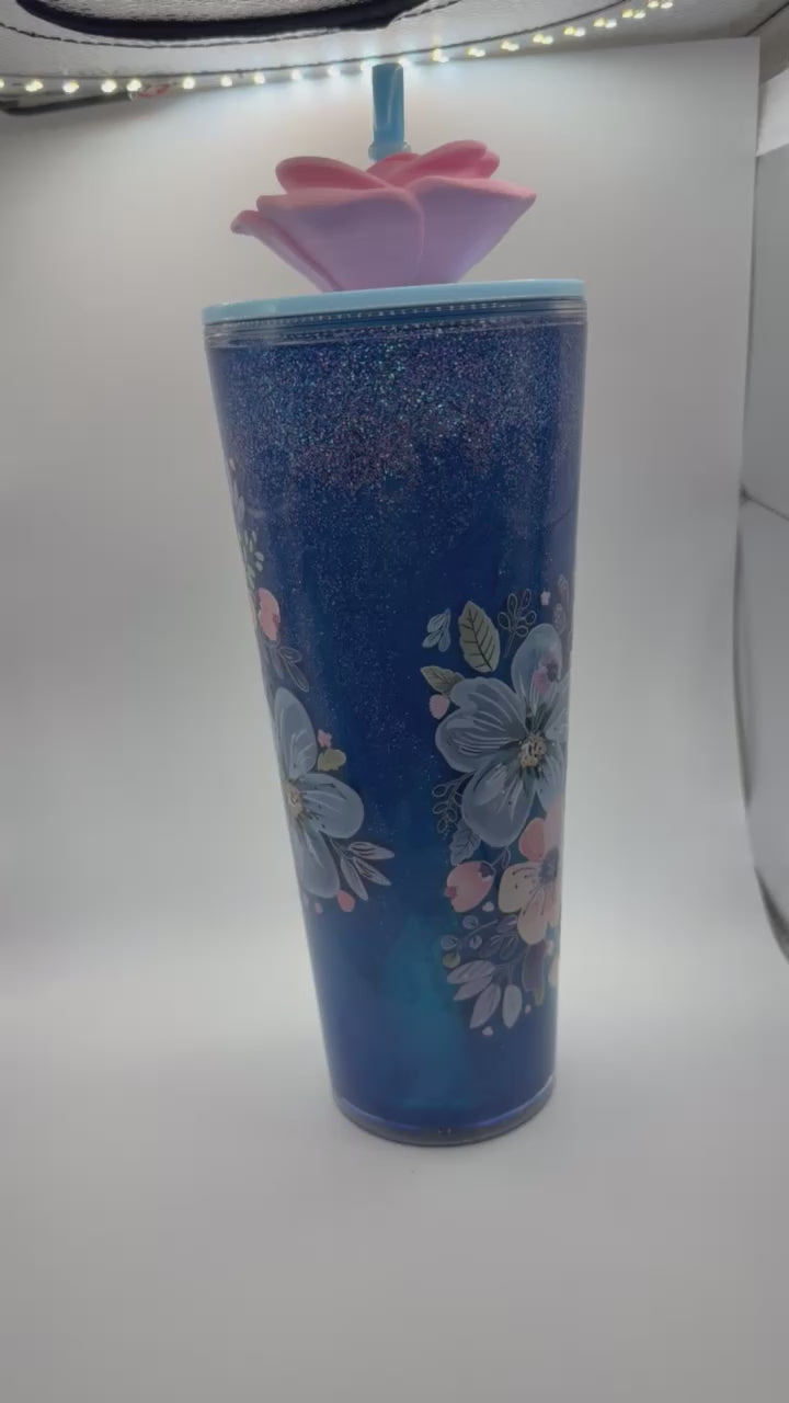 24 oz lava pink and blue flowers snow globe cup with straw topper