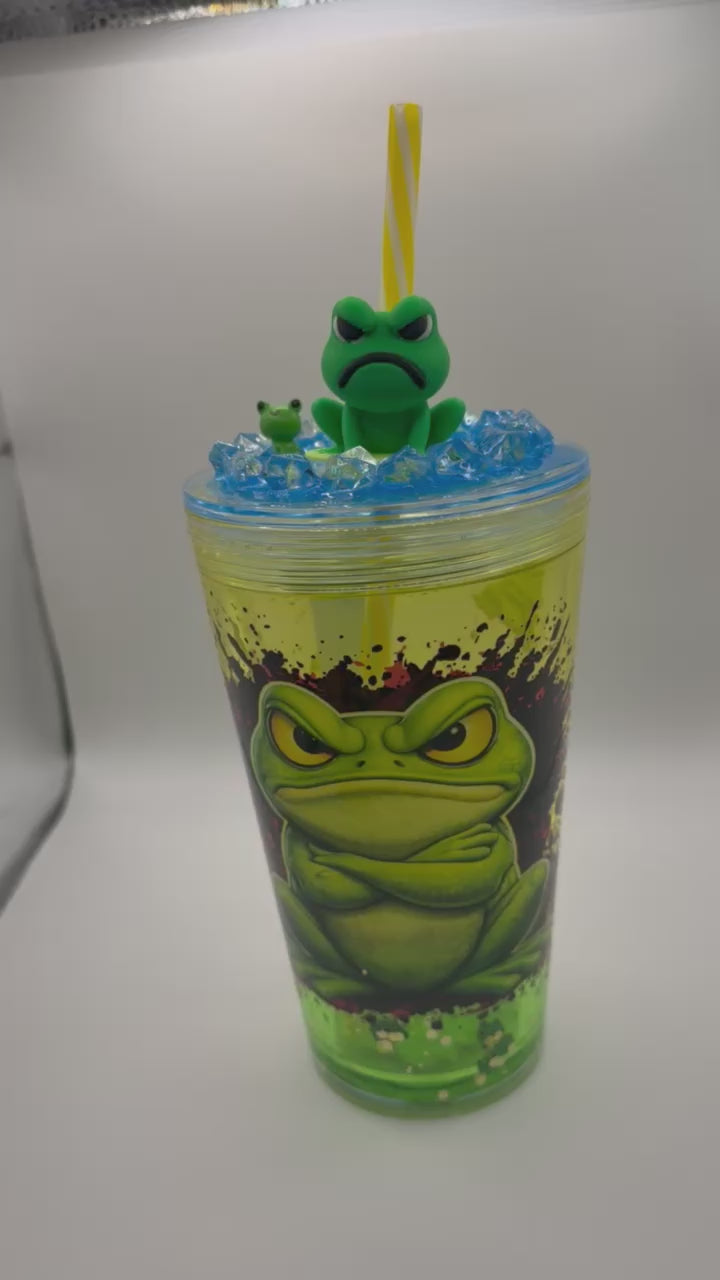 16 oz Grumpy Frog snow globe cup with decorated lid