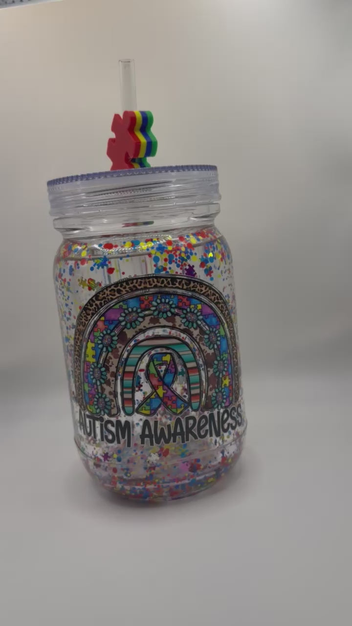 20 oz Autism Awareness Mason jar snow globe with puzzle piece straw topper