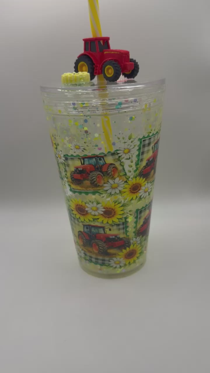 16 oz Tractor with Sunflowers snow globe cup with decorated lid and striped straw