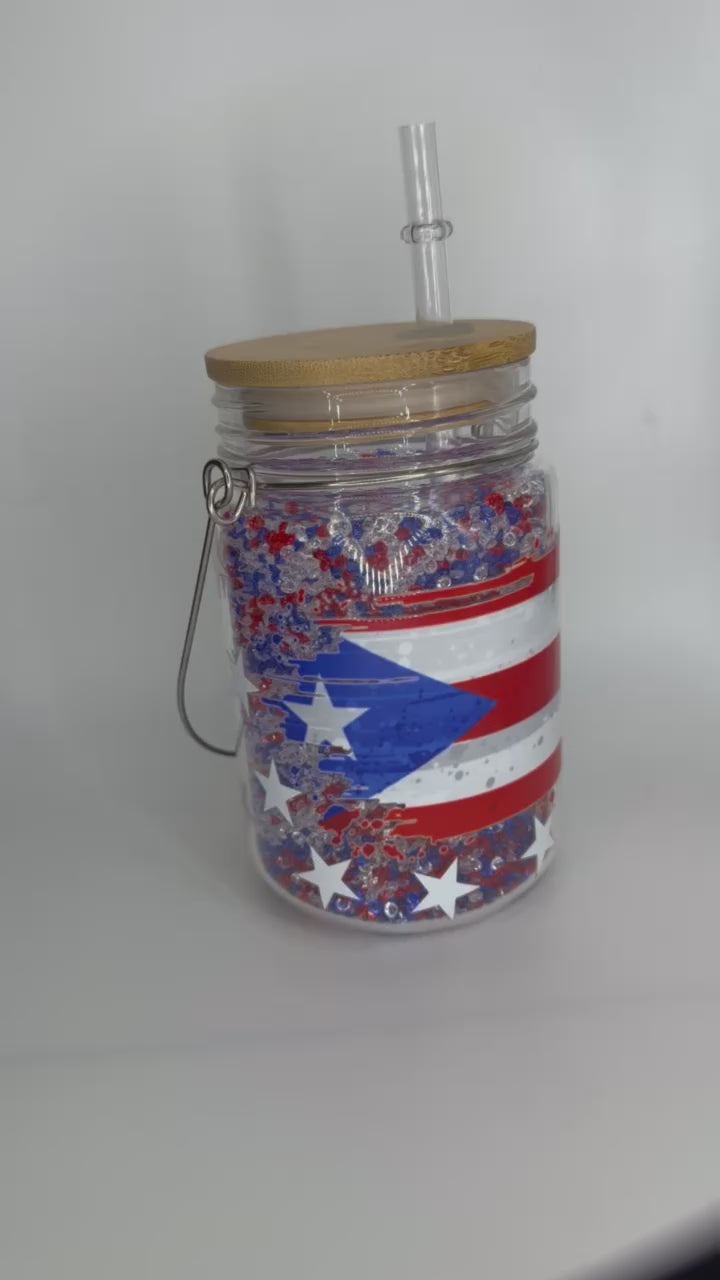 11 oz Puerto Rico Flag glass Snow Globe Solar Light/cup