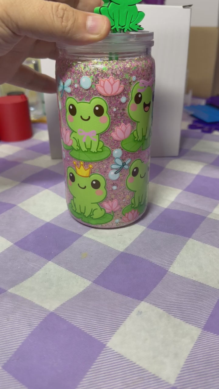 16 oz Frogs dry glitter snow globe cup with straw topper