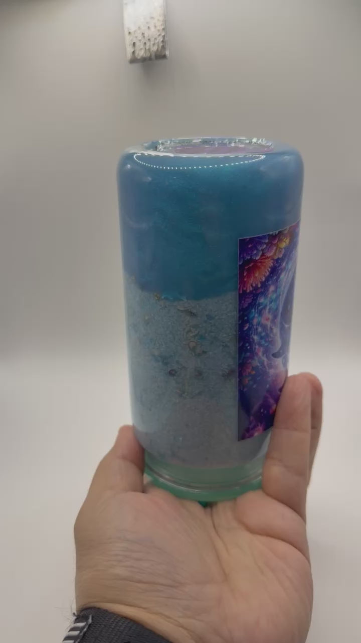 16 oz Dolphin Beach snow globe cup with Dolphin straw topper