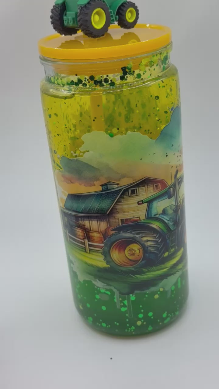 20 oz Sunset on the Farm lava  snow globe cup with tractor straw topper