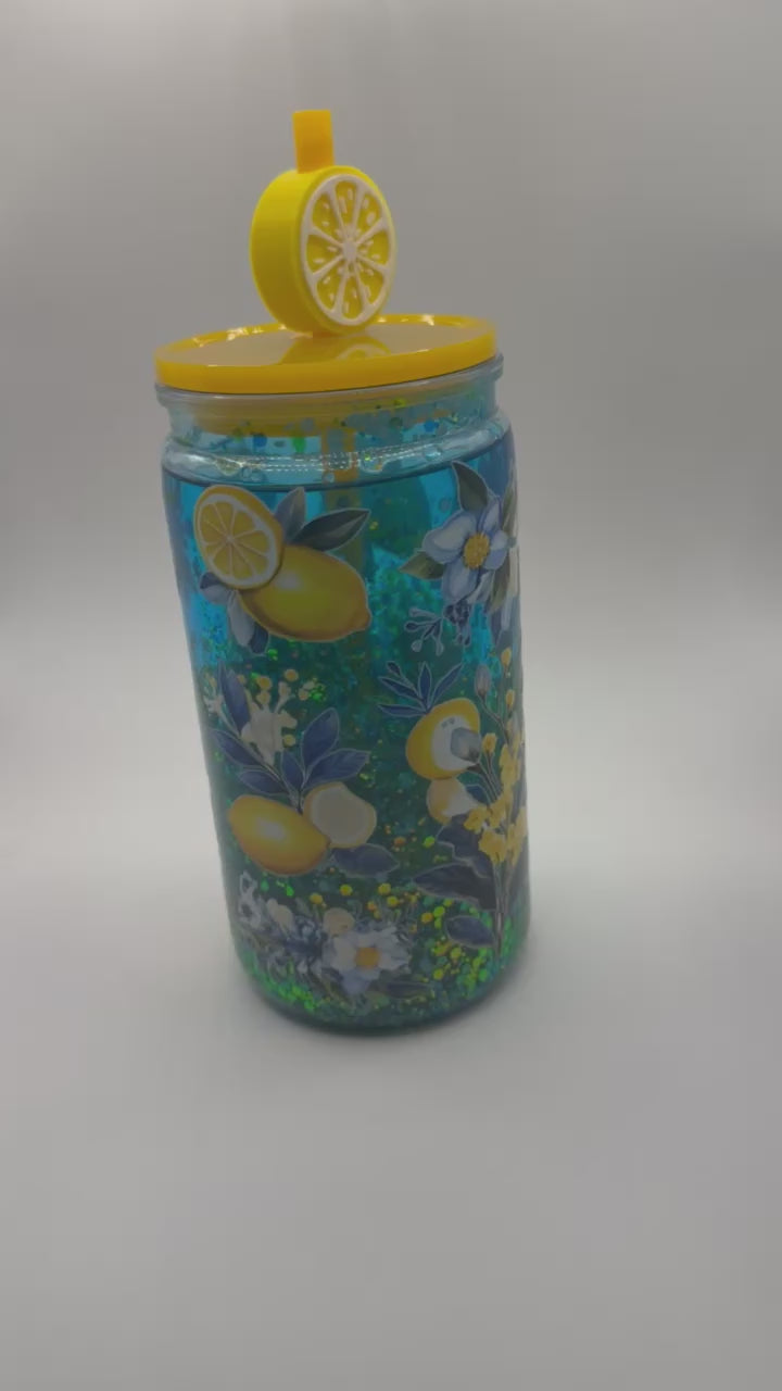 16 oz Blue and Yellow flowers snow globe cup with Lemon straw topper