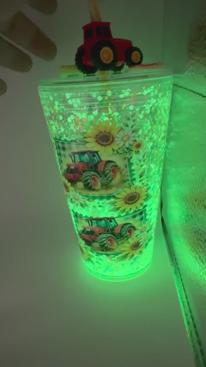 16 oz Tractor with Sunflowers snow globe cup with decorated lid and striped straw